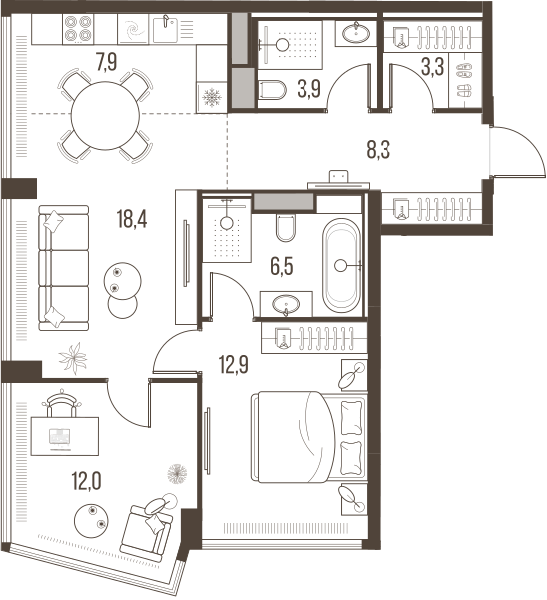 Планировка: 3-комнатная квартира, 73,2 м²