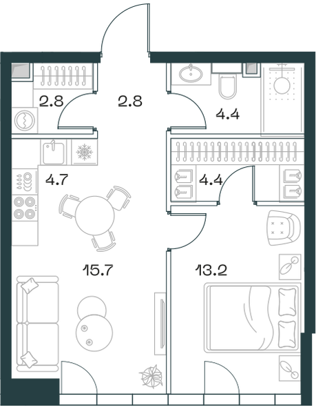 Планировка: 2-комнатная квартира, 48,0 м²