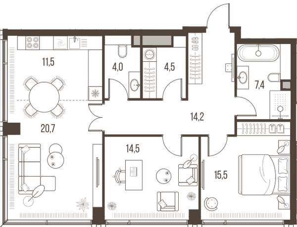 Планировка: 3-комнатная квартира, 92,3 м²