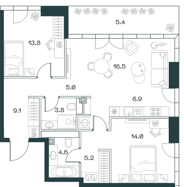 Планировка: 3-комнатная квартира, 85,4 м²