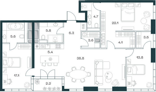 Планировка: 4-комнатная квартира, 133,2 м²