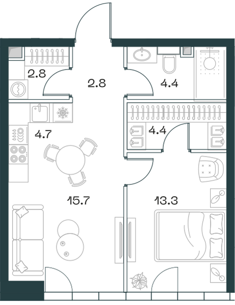 Планировка: 2-комнатная квартира, 48,1 м²