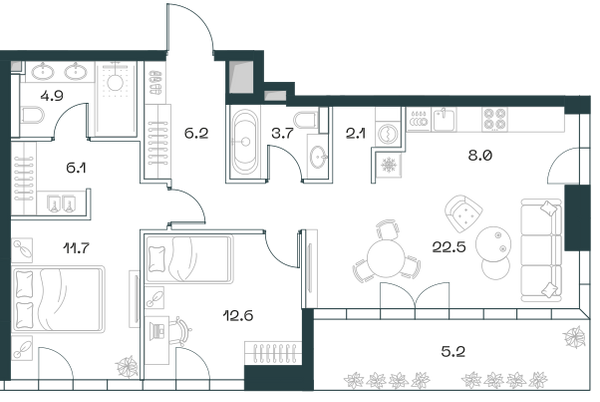 Планировка: 3-комнатная квартира, 83,0 м²