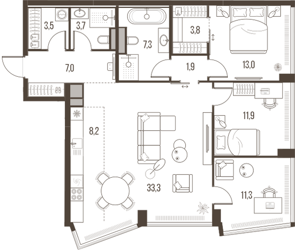 Планировка: 4-комнатная квартира, 105,0 м²