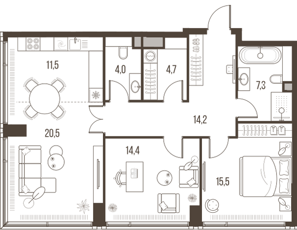 Планировка: 3-комнатная квартира, 92,1 м²