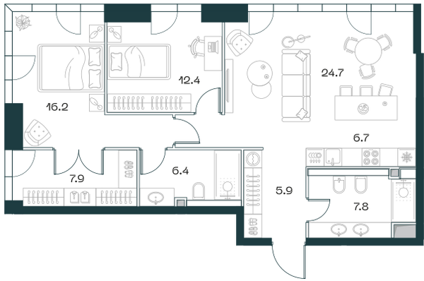 Планировка: 3-комнатная квартира, 90,2 м²
