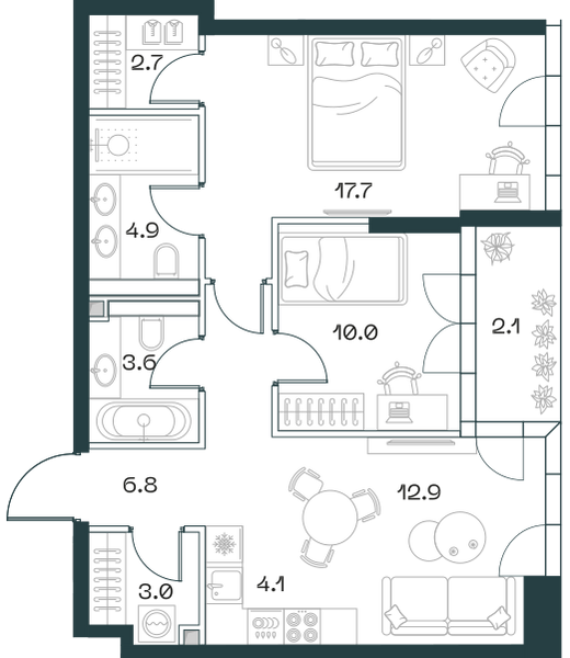 Планировка: 3-комнатная квартира, 67,9 м²