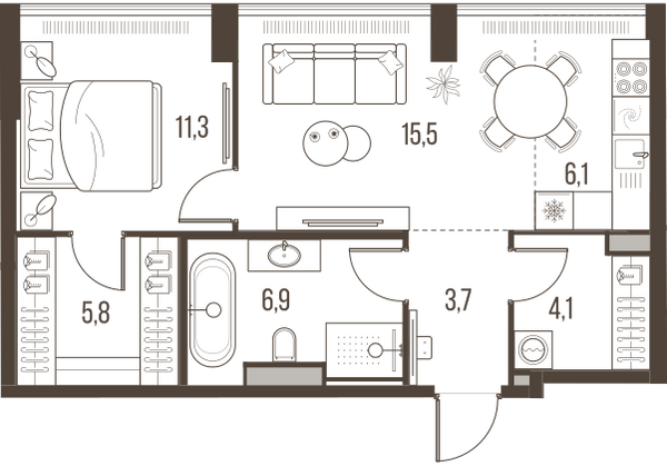 Планировка: 2-комнатная квартира, 53,4 м²