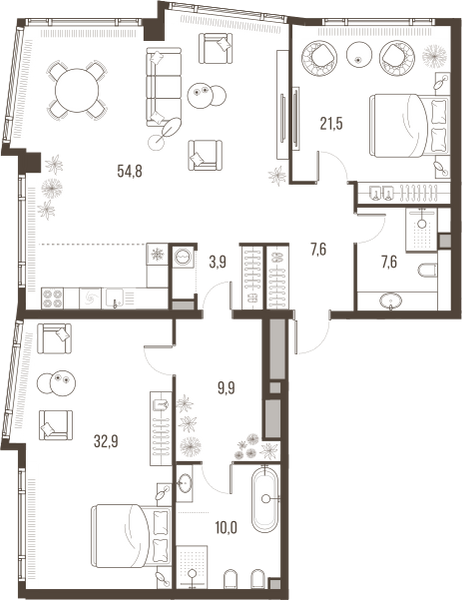Планировка: 3-комнатная квартира, 148,2 м²