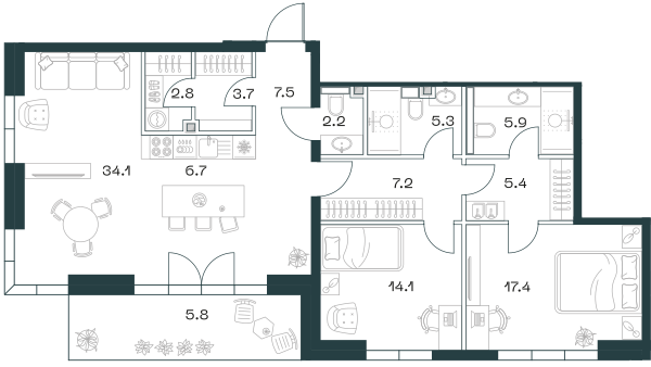 Планировка: 3-комнатная квартира, 116,4 м²