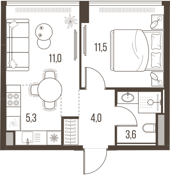 Планировка: 2-комнатная квартира, 35,4 м²