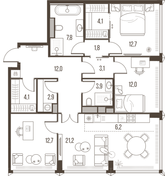 Планировка: 4-комнатная квартира, 104,5 м²