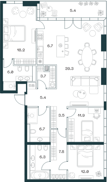 Планировка: 4-комнатная квартира, 133,1 м²