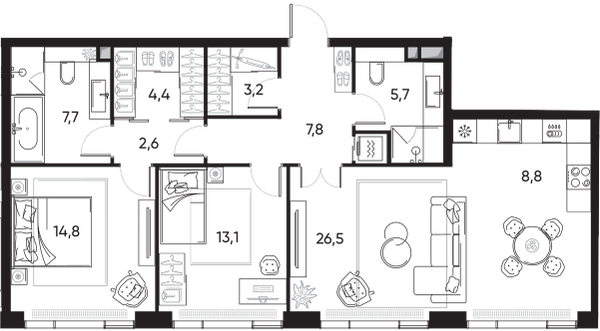 Планировка: 3-комнатная квартира, 95,5 м²