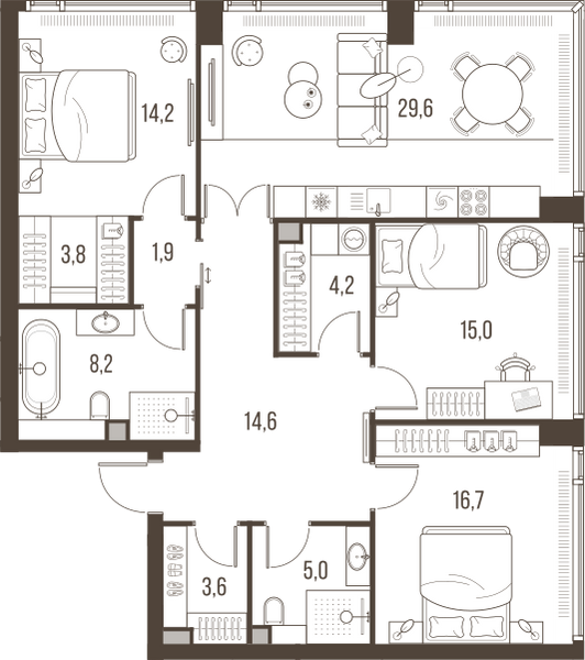 Планировка: 4-комнатная квартира, 116,8 м²