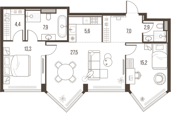 Планировка: 3-комнатная квартира, 83,8 м²