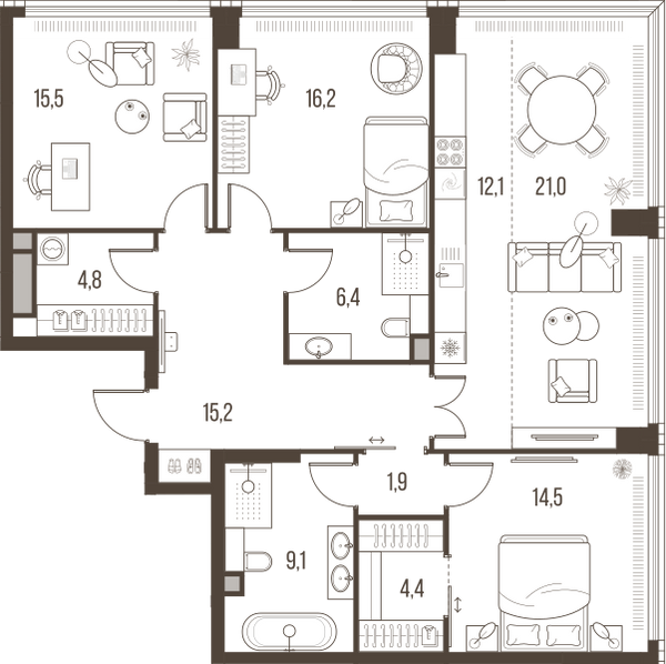 Планировка: 4-комнатная квартира, 121,1 м²