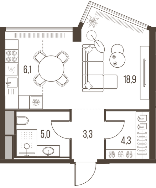 Планировка: 1-комнатная квартира, 37,6 м²
