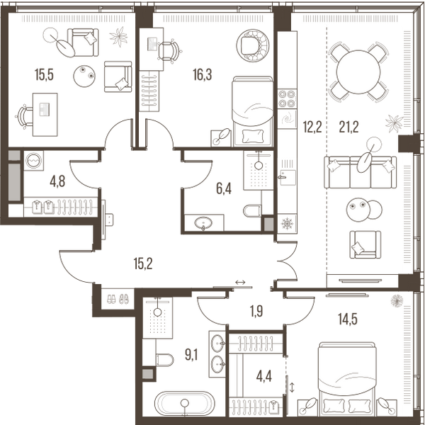 Планировка: 4-комнатная квартира, 121,5 м²