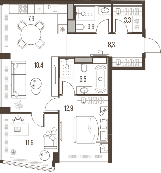 Планировка: 3-комнатная квартира, 72,8 м²