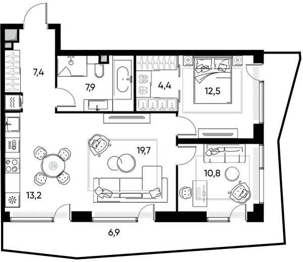 Планировка: 3-комнатная квартира, 76,5 м²