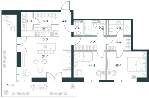 Планировка: 3-комнатная квартира, 125,5 м²