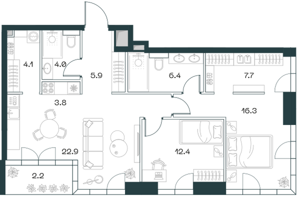 Планировка: 3-комнатная квартира, 85,7 м²