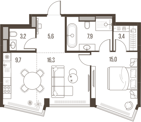Планировка: 2-комнатная квартира, 61,1 м²
