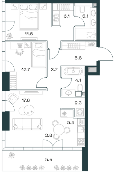 Планировка: 3-комнатная квартира, 82,9 м²