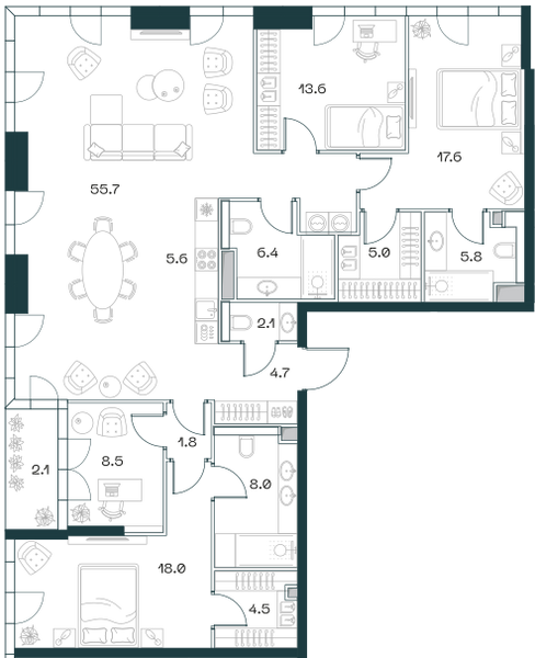 Планировка: 4-комнатная квартира, 160,8 м²