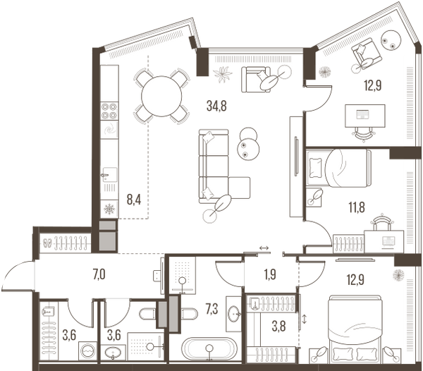 Планировка: 4-комнатная квартира, 108,0 м²