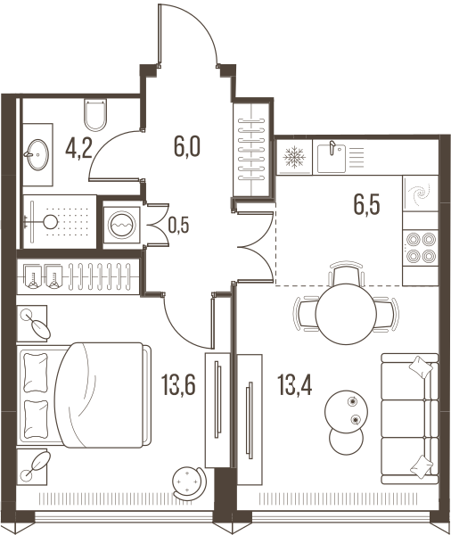 Планировка: 2-комнатная квартира, 44,2 м²