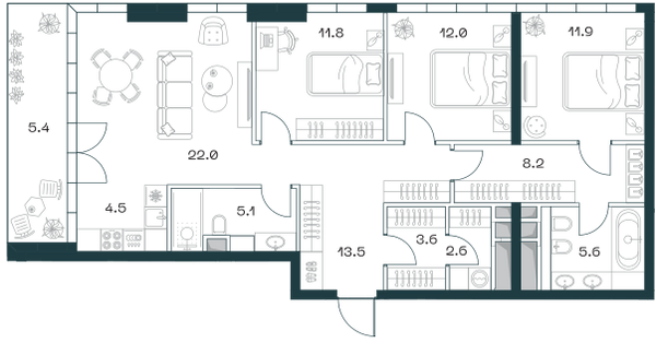 Планировка: 3-комнатная квартира, 106,2 м²