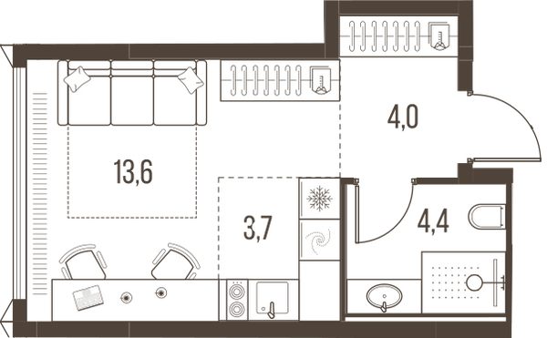 Планировка: 1-комнатная квартира, 25,7 м²