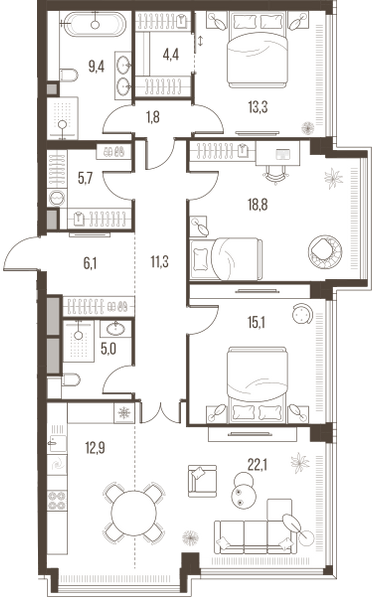 Планировка: 4-комнатная квартира, 125,9 м²