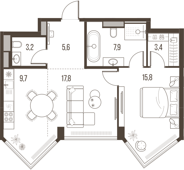 Планировка: 2-комнатная квартира, 63,4 м²