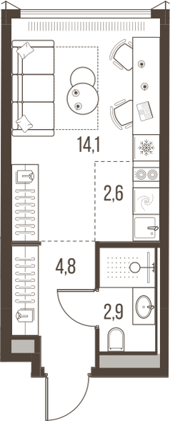 Планировка: 1-комнатная квартира, 24,4 м²