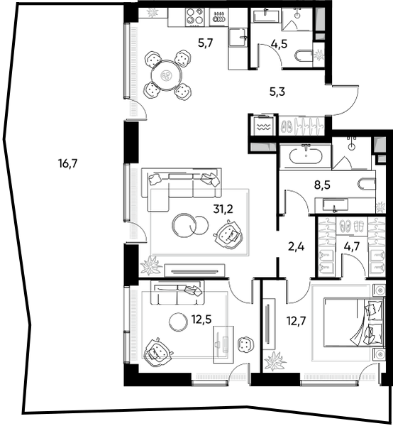 Планировка: 3-комнатная квартира, 92,8 м²