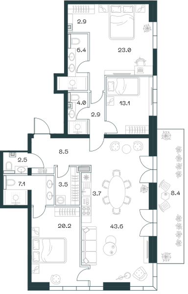 Планировка: 4-комнатная квартира, 150,0 м²