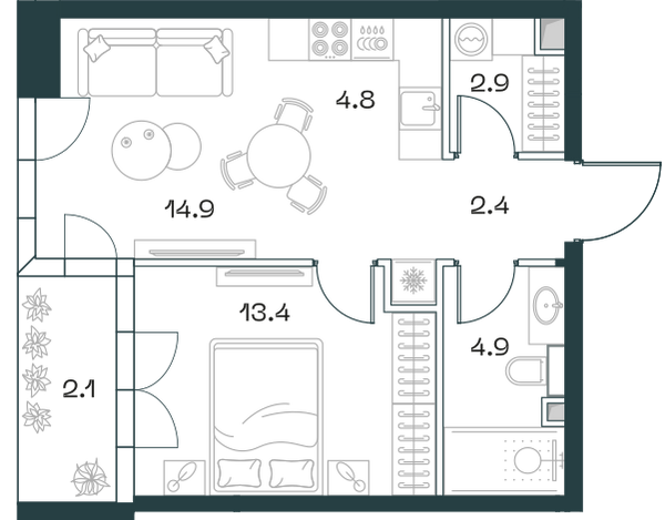 Планировка: 2-комнатная квартира, 45,3 м²