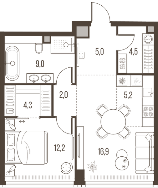 Планировка: 2-комнатная квартира, 59,1 м²