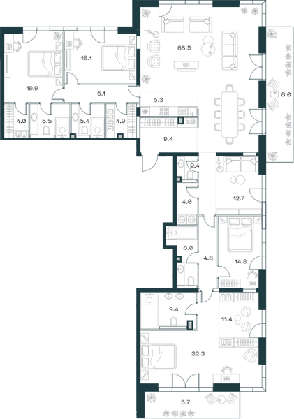 Планировка: 4-комнатная квартира, 269,1 м²