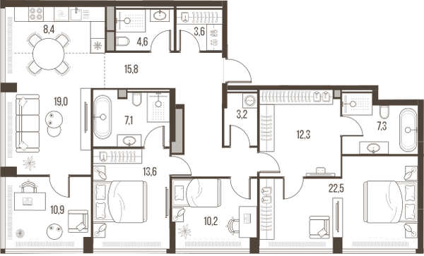 Планировка: 5-комнатная квартира, 138,5 м²