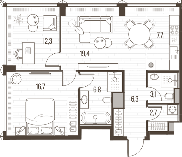Планировка: 3-комнатная квартира, 74,8 м²