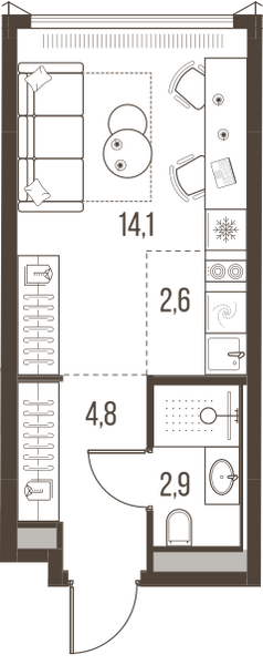 Планировка: 1-комнатная квартира, 24,4 м²