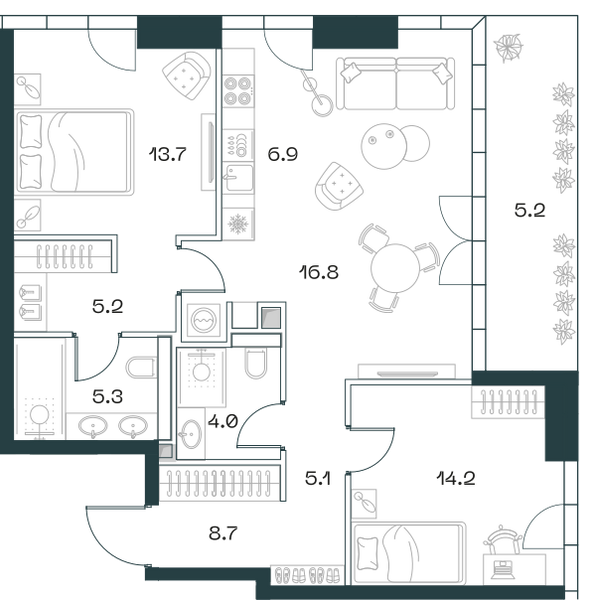 Планировка: 3-комнатная квартира, 86,0 м²