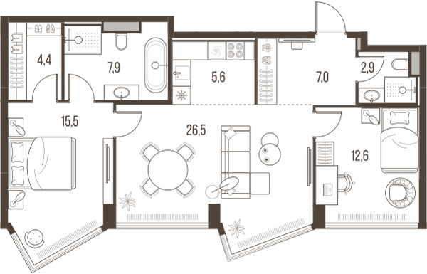 Планировка: 3-комнатная квартира, 82,4 м²