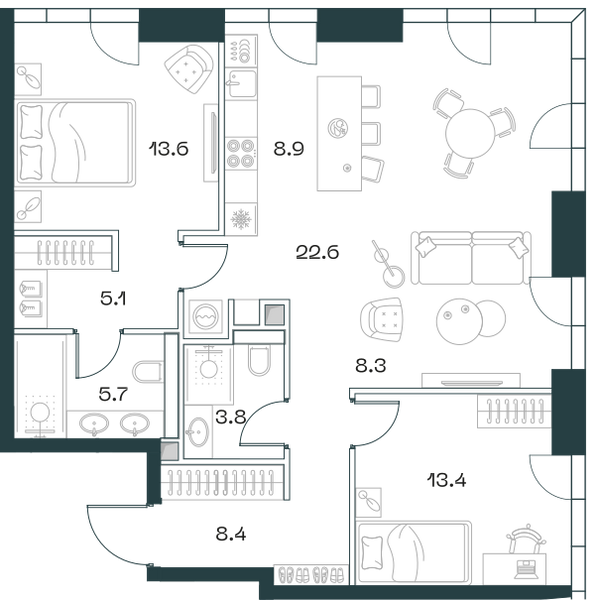 Планировка: 3-комнатная квартира, 90,7 м²