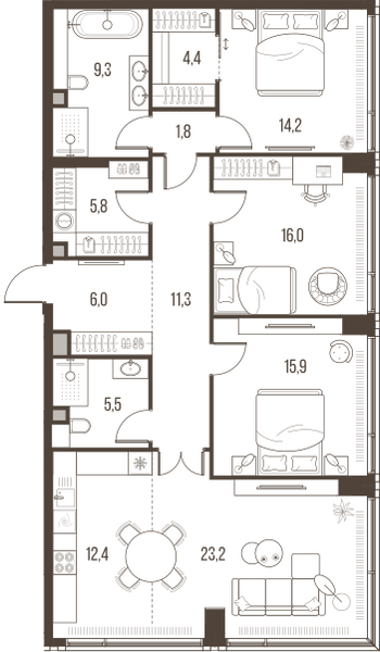 Планировка: 4-комнатная квартира, 125,8 м²