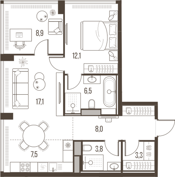 Планировка: 3-комнатная квартира, 67,3 м²